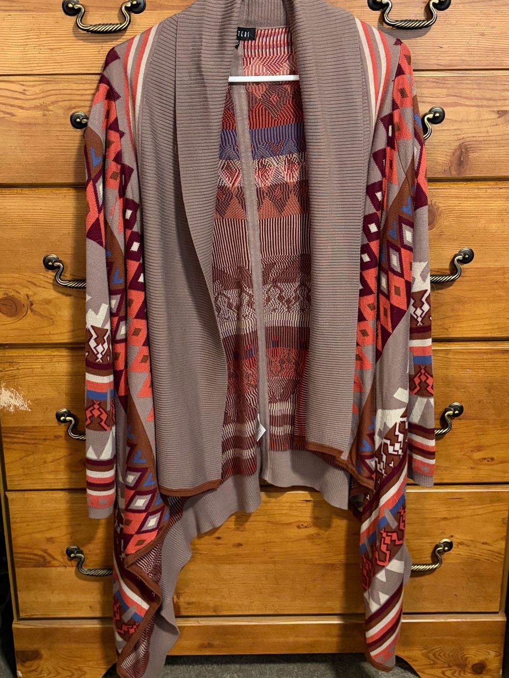 Open-Front Tribal Drape Cardigan in Taupe and Rust